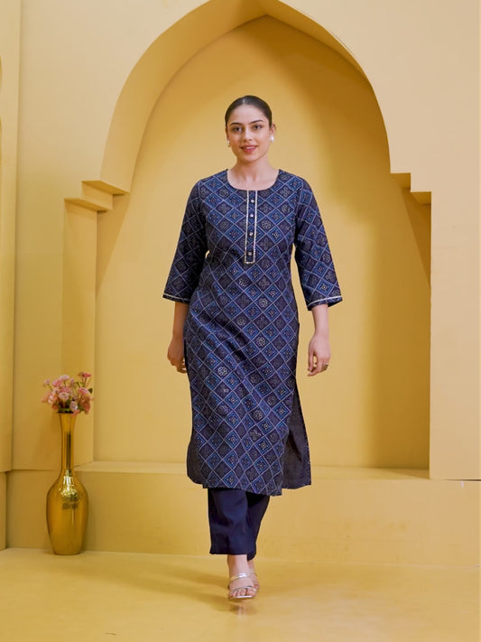 Chanderi Geometric Straight Navy Blue Kurta