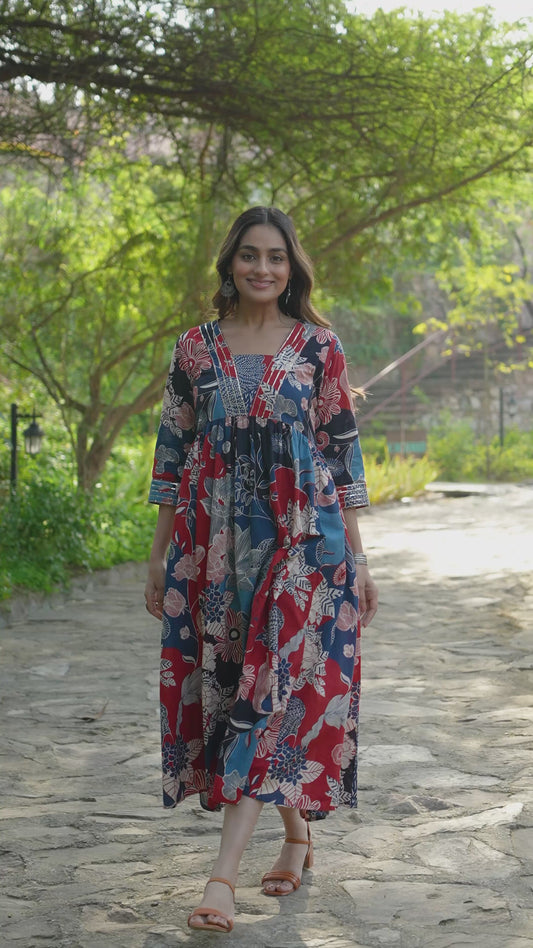 Embroidered Soft Cotton Floral Anarkali Blue Dress