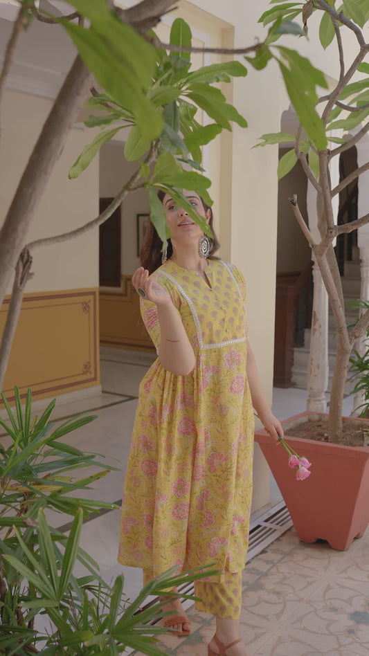 Soft Cotton Floral Flared Yellow Kurta