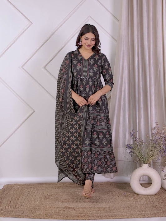 Soft Cotton Ajrakh A-line Black Kurta