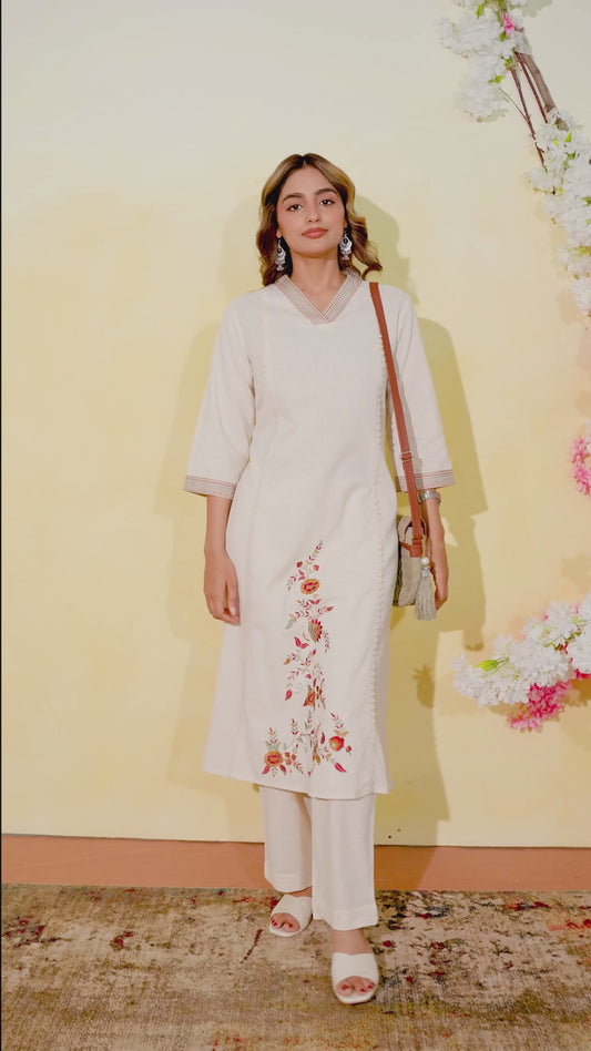 Embroidered Linen Cotton Solid Straight Off White Kurta