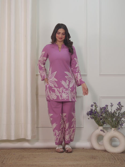 Soft Cotton Placement Print Straight Purple Co-Ord