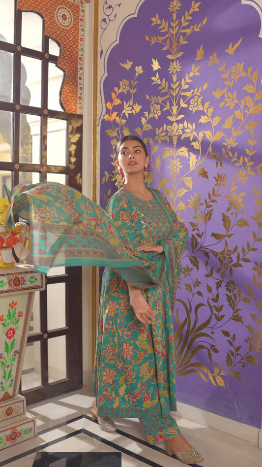 Embroidered Soft Cotton Floral Anarkali Green Kurta