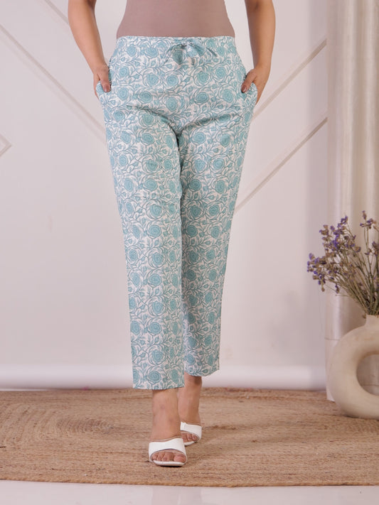 Soft Cotton Floral Turquoise Tapered Trousers