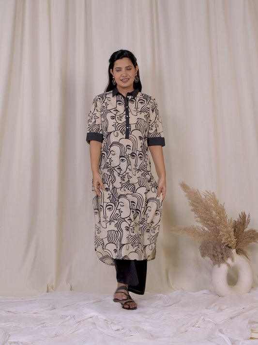 Soft Cotton Abstract Pathani Beige Kurta