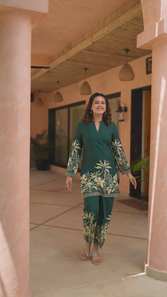 Embroidered Soft Cotton Placement Print Straight Green Kurta
