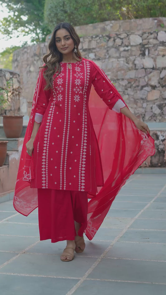 Embroidered Soft Cotton Geometric Straight Red Kurta