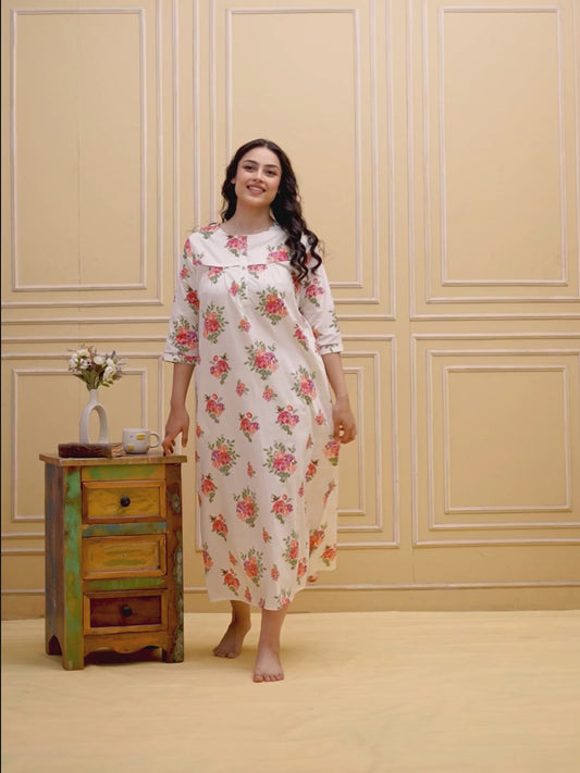 Linen Cotton Floral Straight Off White Nighty