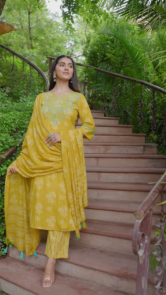 Embroidered Soft Cotton Bandhani Straight Yellow Kurta