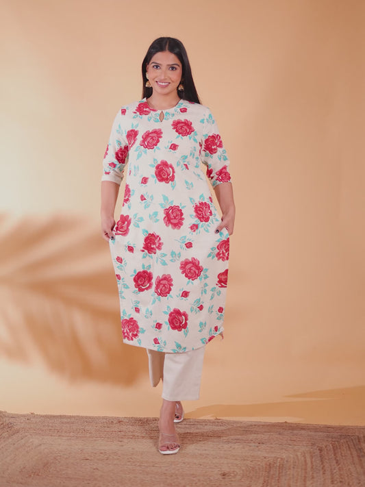 Linen Cotton Floral Kurta