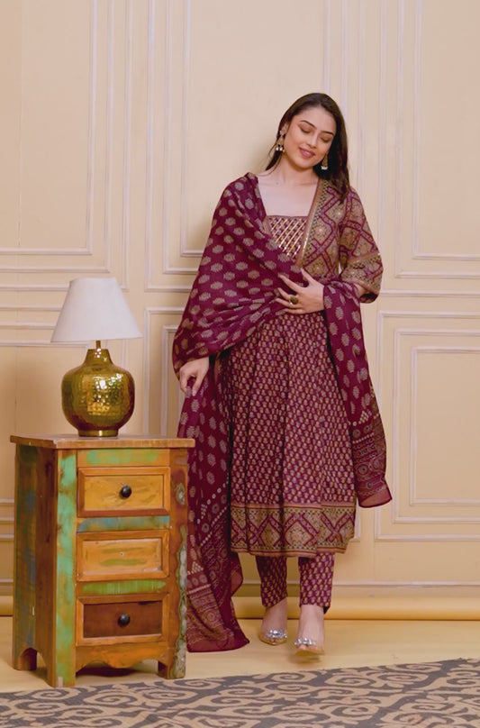 Soft Cotton Floral Flared Maroon Kurta