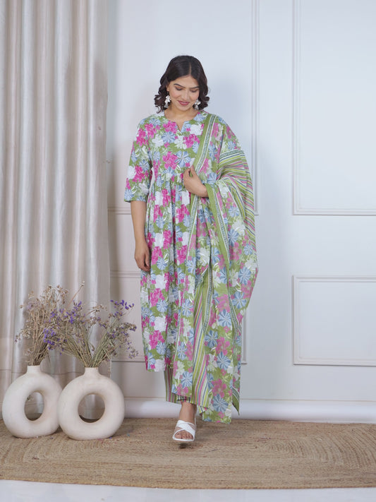 Soft Cotton Floral Anarkali Green Kurta