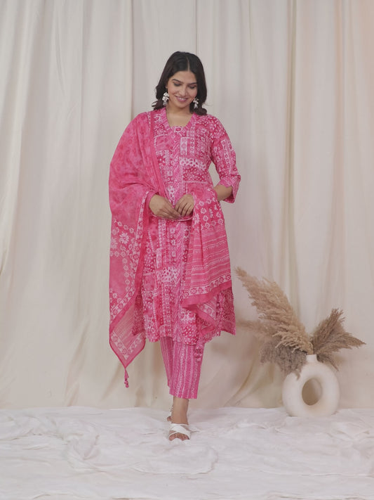 Soft Cotton Patchwork Straight Pink Kurta