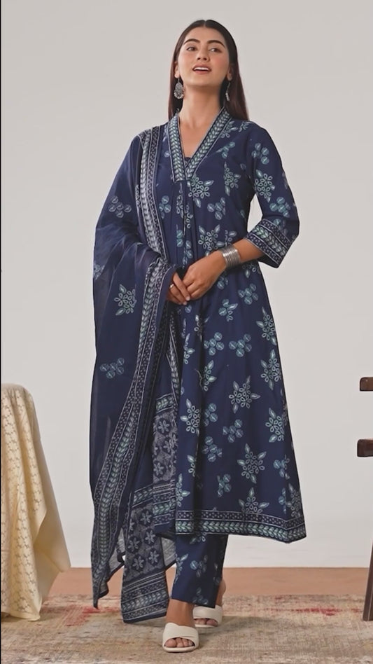 Soft cotton Floral Anarkali Indigo blue Kurta