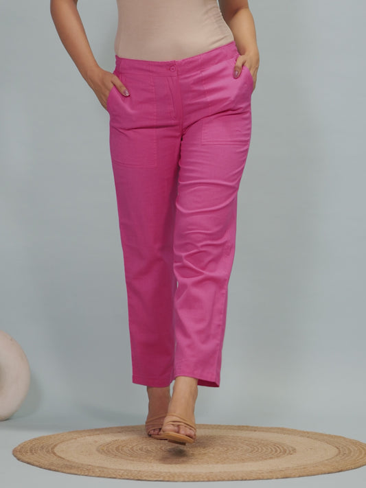 Linen Cotton Solid Pink Tapered Trousers
