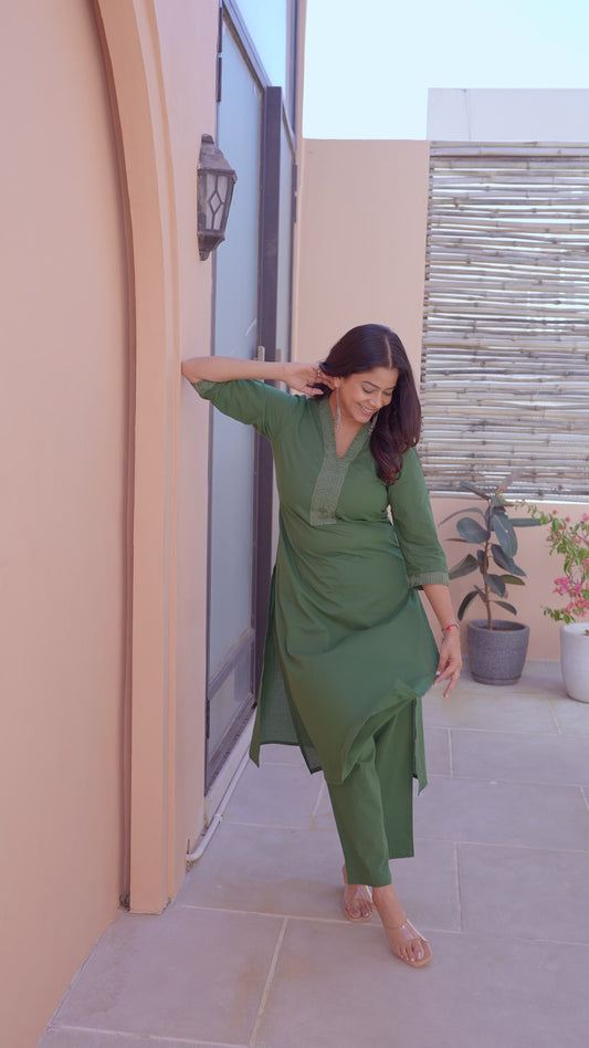 Embroidered Soft Cotton Solid A-line Green Kurta
