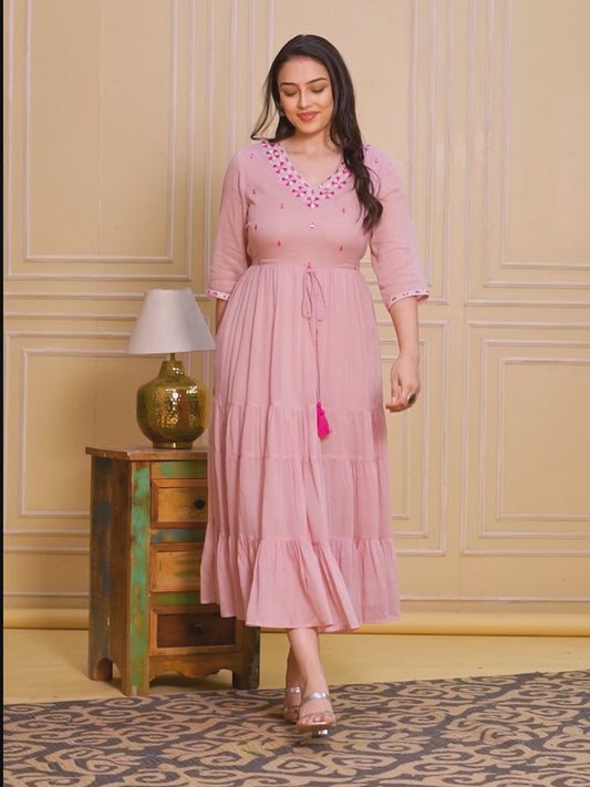 Embroidered Cotton Voile Solid Tiered Pink Dress