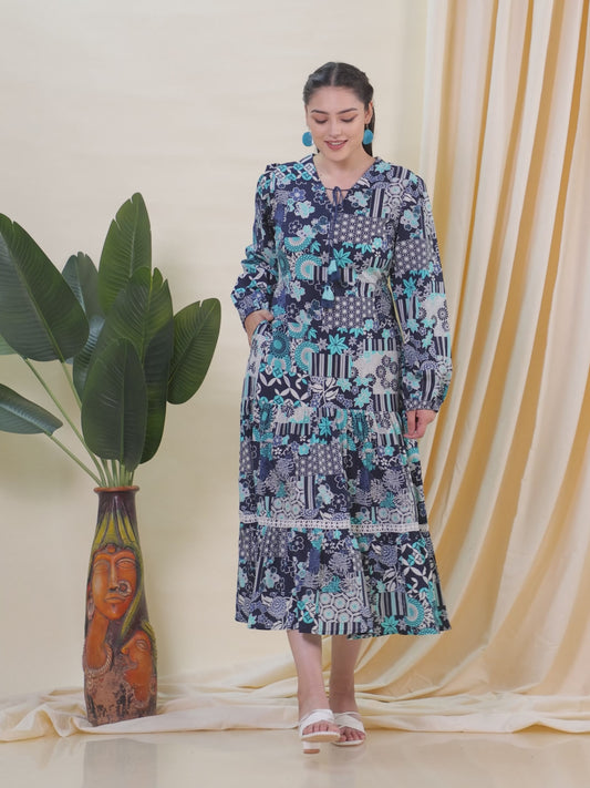 Soft Cotton Patchwork Tiered Blue Dress