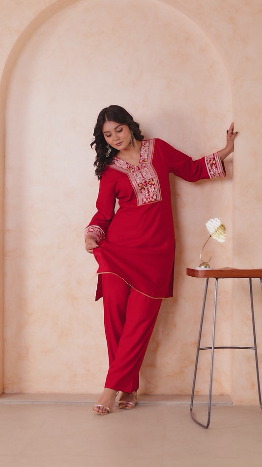 Embroidered Viscose Solid Straight Red Kurta