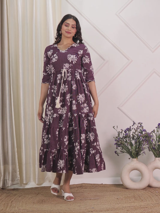 Kantha Cotton Floral A-line Purple Dress