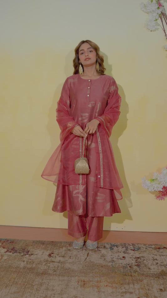 Chanderi Gold foil Flared Dusty Pink Kurta