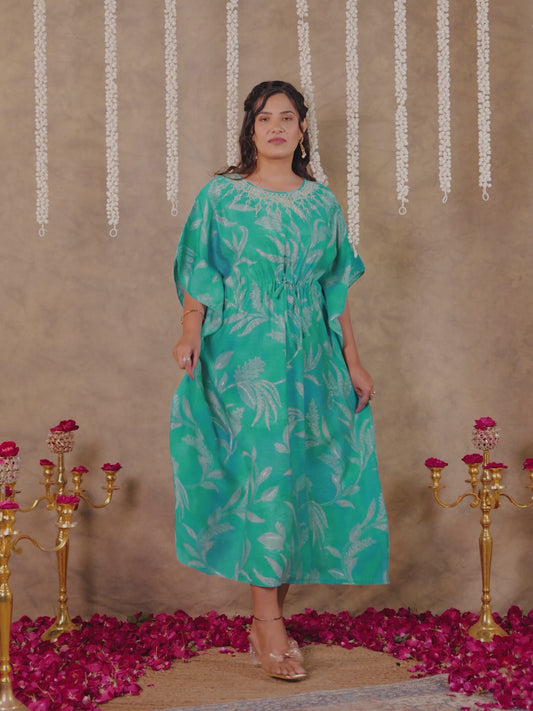 Embroidered Muslin Floral Kaftan Blue Kurta