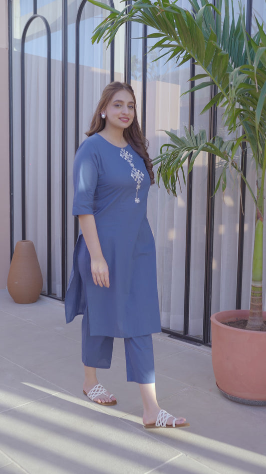 Embroidered Soft Cotton Solid Straight Blue Kurta