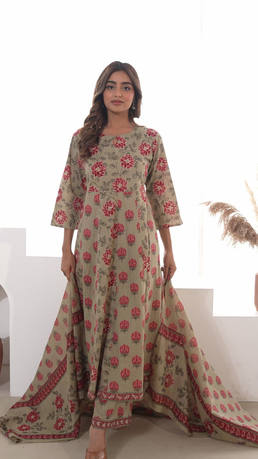 Soft Cotton Floral Anarkali Maroon Kurta