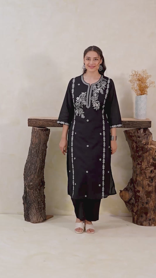 Embroidered Soft cotton Solid Straight Black Kurta