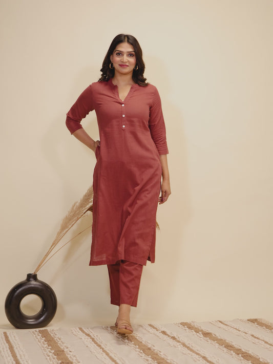 Natural Cotton Solid Straight Maroon Kurta