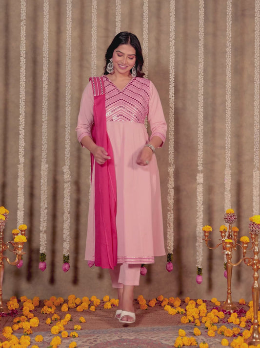 Embroidered Soft Cotton Solid Anarkali Pink Kurta