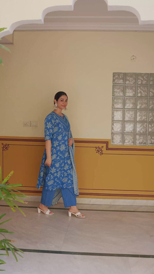 Soft Cotton Bandhani Straight Blue Kurta