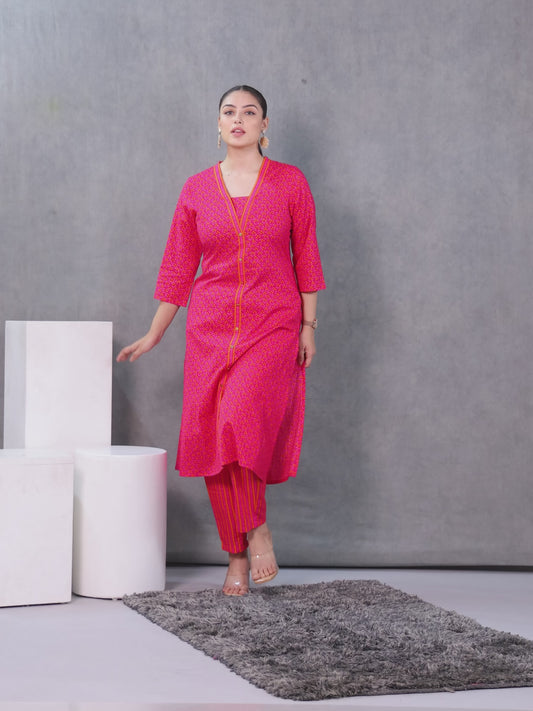 Soft Cotton Geometric A-line Pink Kurta