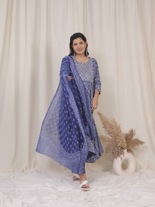 Embroidered Soft Cotton Floral Anarkali Navy Blue Kurta