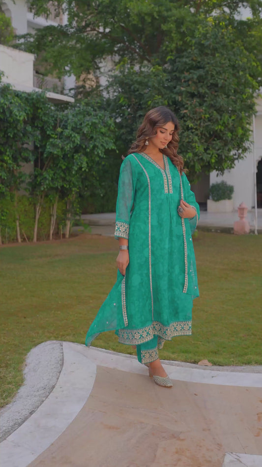 Embroidered Organza Floral A-line Turquoise Blue Kurta
