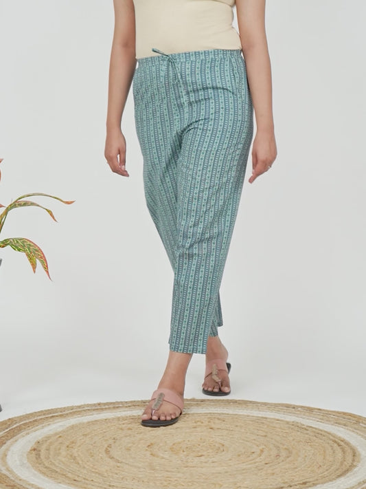 Soft Cotton Striped Green Straight Trousers