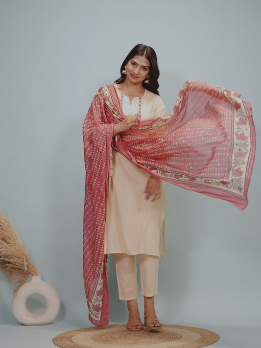 Kantha Cotton Solid Straight Cream Kurta