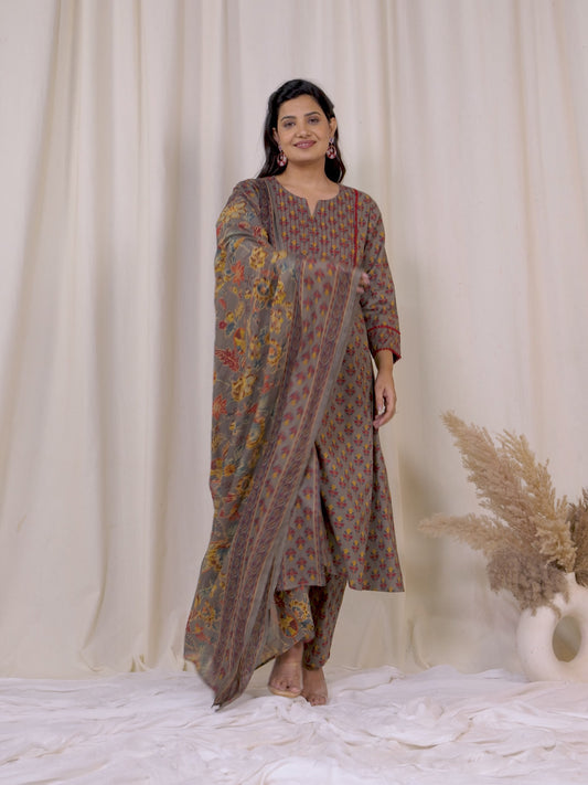 Embroidered Soft Cotton Block Print Panelled Grey Kurta