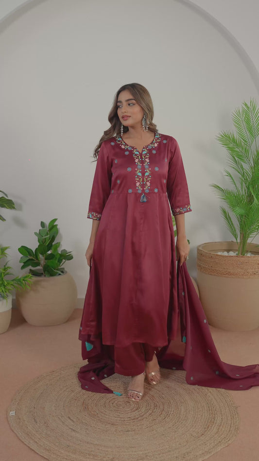 Embroidered Satin Solid Anarkali Maroon Kurta