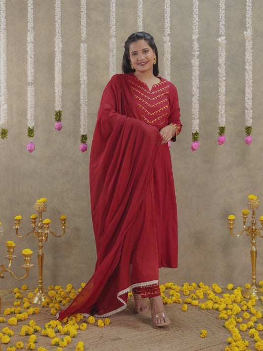 Embroidered Viscose Solid Flared Maroon Kurta