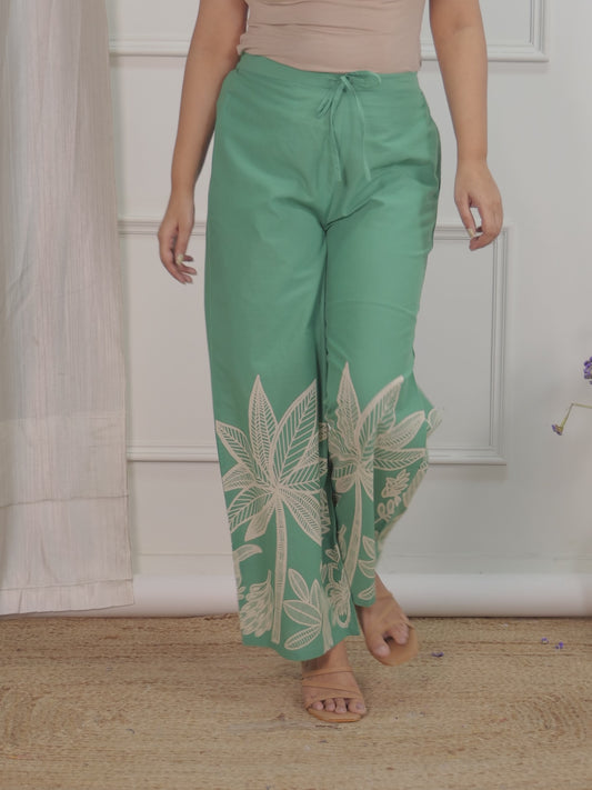 Soft Cotton Placement Print Green Flared Trousers