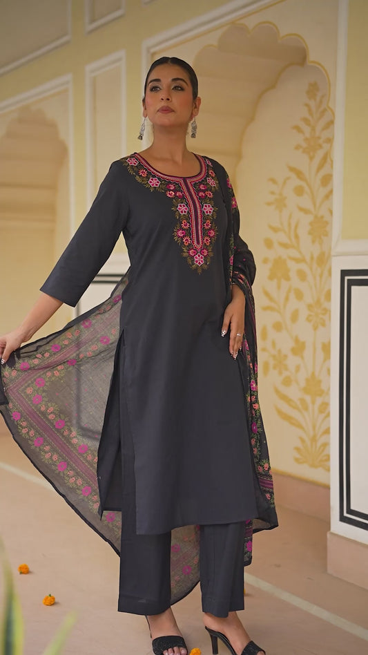Embroidered Soft Cotton Solid Straight Black Kurta