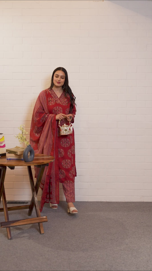 Embroidered Soft Cotton Geometric Straight Rust Kurta