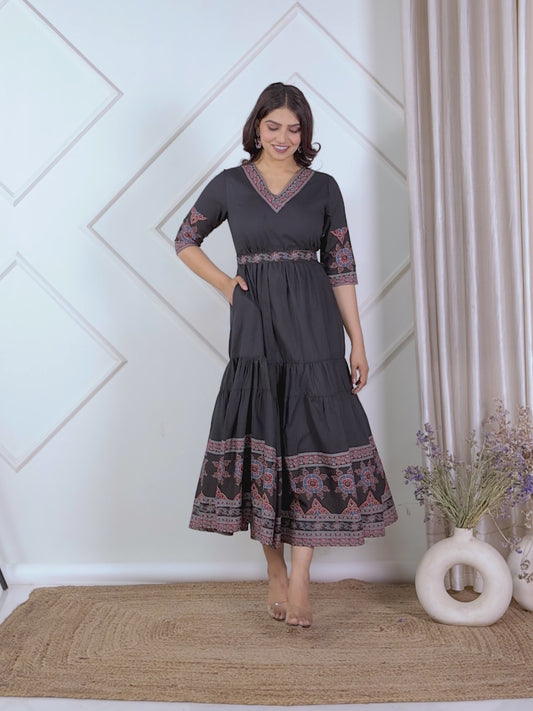 Soft Cotton Solid Tiered Black Dress