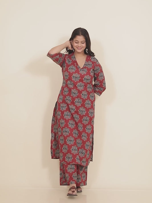 Soft Cotton Ajrakh Straight Red Kurta