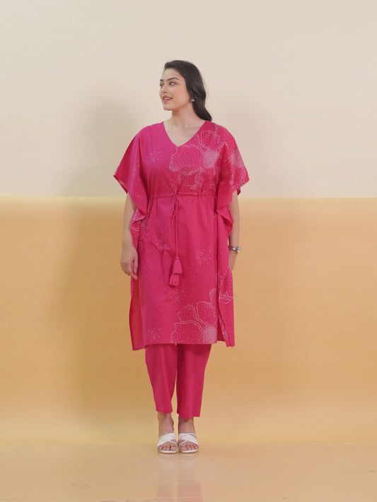 Soft Cotton Floral Placement Print Kaftan Pink Kurta