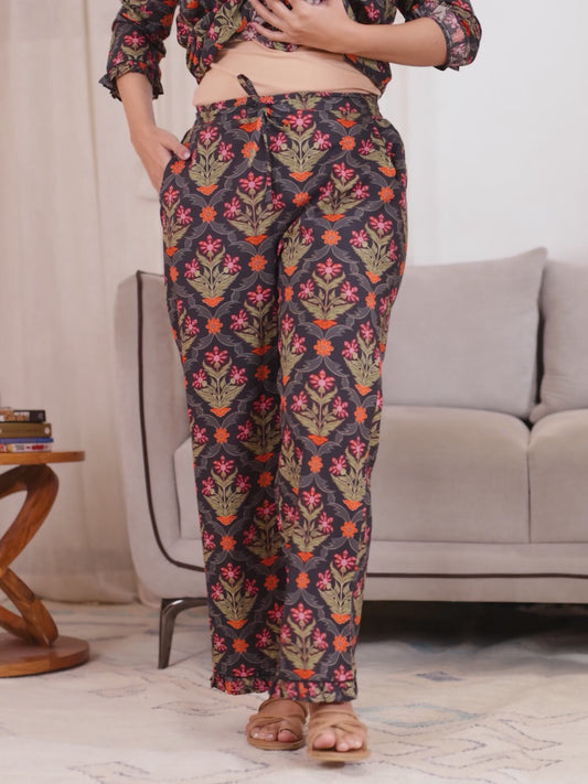 Soft Cotton Floral Black Straight Trousers
