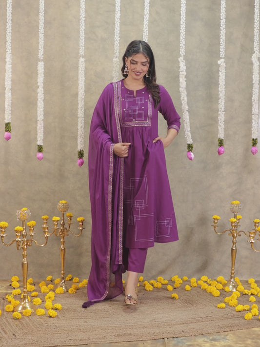 Embroidered Soft Cotton Solid Panelled Purple Kurta