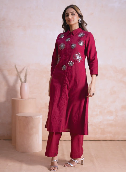 Embroidered Linen Cotton Solid High Low Maroon Kurta