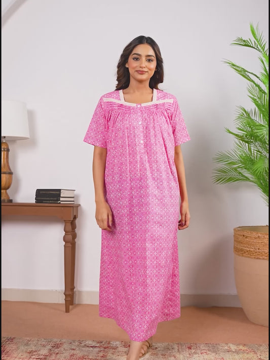 Soft Cotton Geometric Anarkali Pink Dress